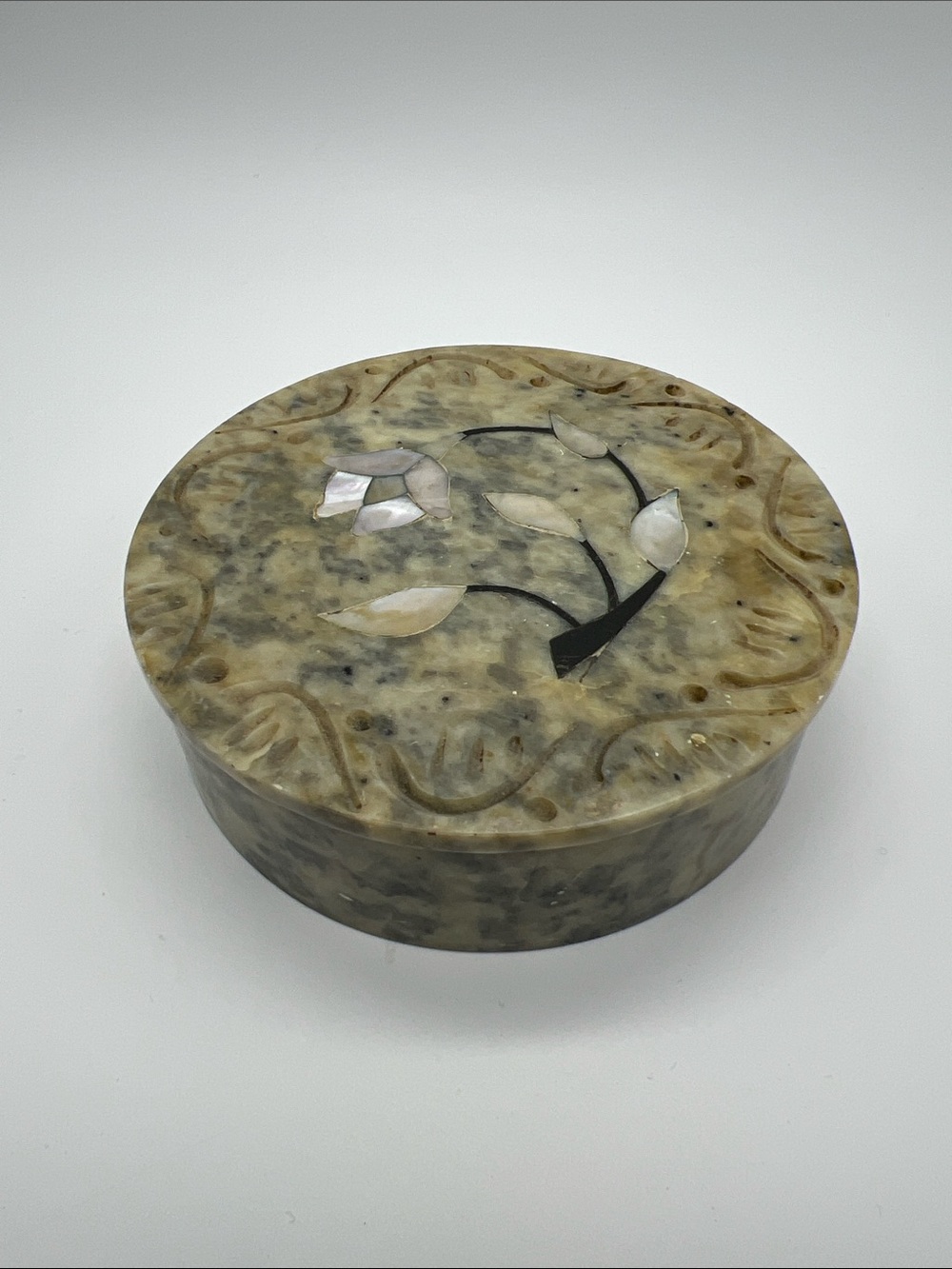Round Olive Green Carved Marble Inlay Trinket Box with Floral Motif